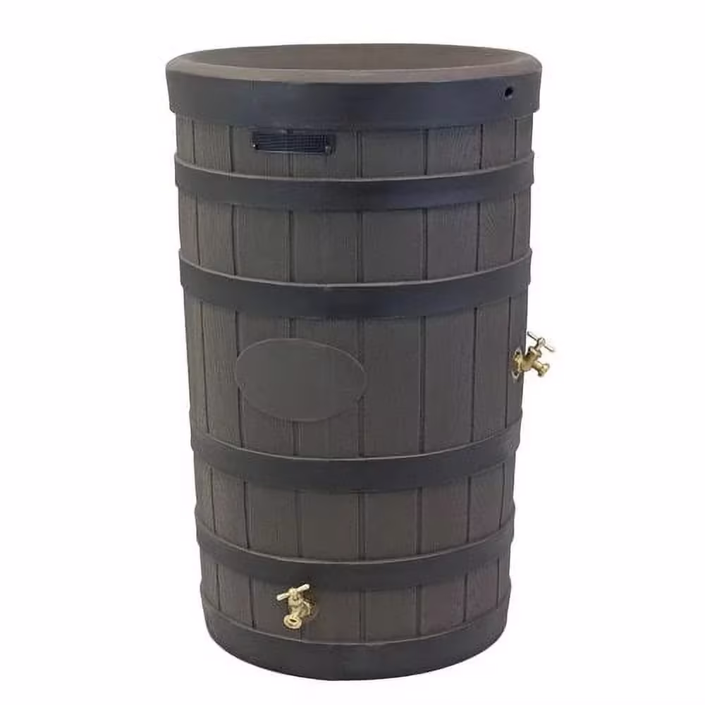 50-Gallon Outdoor Rain Barrel with Wood-Look Finish