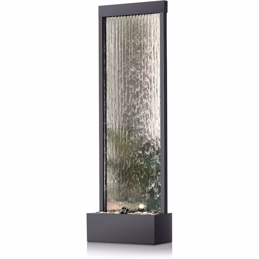 Alpine Mirror Waterfall Fountain with Stones & Lights, 72", Indoor/Outdoor Zen Decor