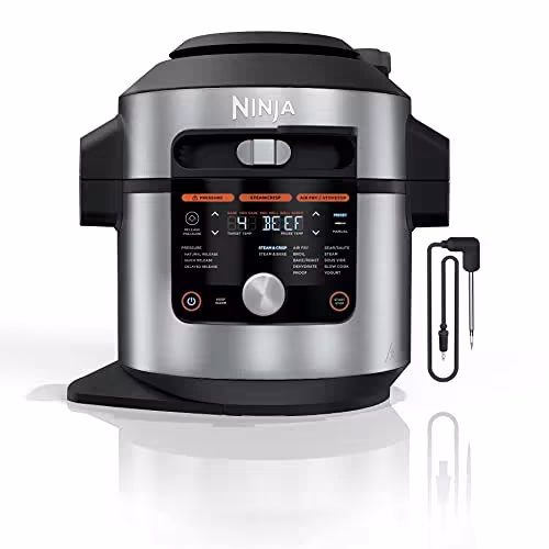 OL701 14 in 1 SMART XL 8 Qt. Pressure Cooker Steam Fryer with SmartLid & Thermometer Auto Steam Release, that Air Fries, Proofs & More, 3 Layer Capacity, 5 Qt. Crisp Basket, Silver/Black