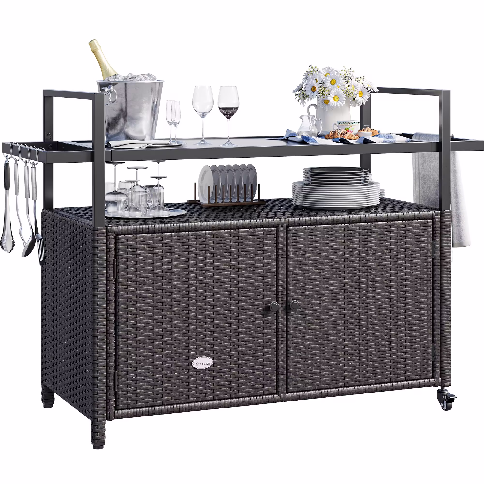 YITAHOME Large Portable Outdoor Wicker Bar Table