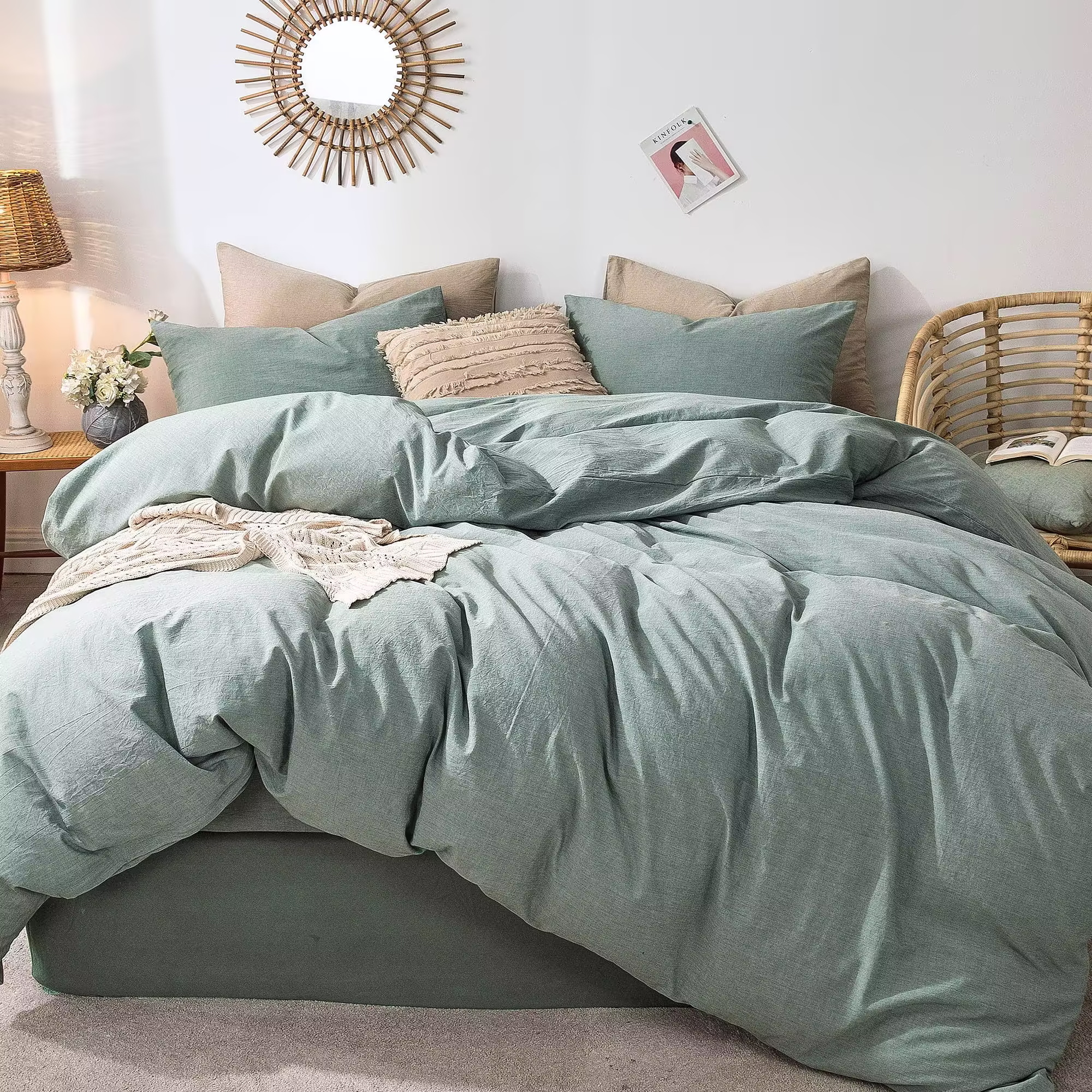 MooMee Bedding Duvet Cover Set 100% Washed Cotton Linen Like Textured Breathable Durable Soft Comfy (Green Queen)