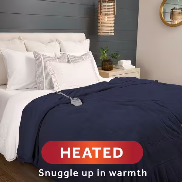 Sunbeam Microplush Electric Heated Blanket, Poseidon Blue, Queen