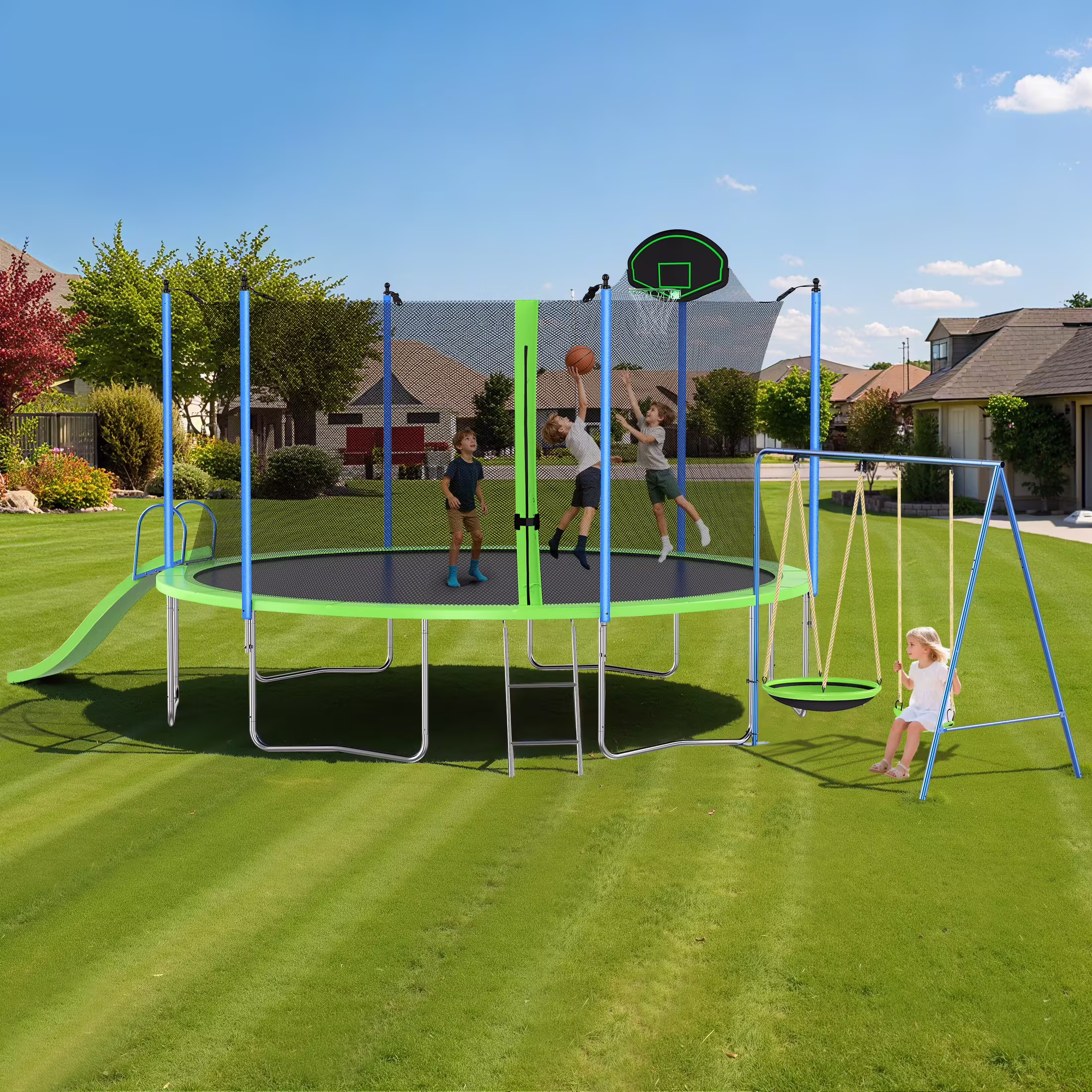 12FT Trampoline with Slide, Swings, SEGMART Recreational Trampoline with Basketball Hoop and Ladder, Heavy Duty Outdoor Backyard Trampoline with Net for Kids and Adults, Green