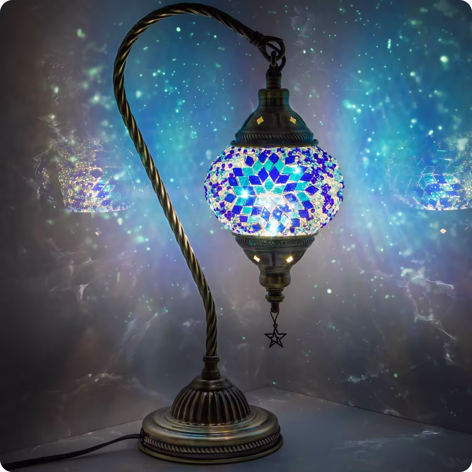 Yarra-Decor Turkish Moroccan Lamp with Bronze Base 3 Color options Handmade Swan Neck Tiffany Mosaic Glass Bedside Lamps for Bedroom (LED Bulb