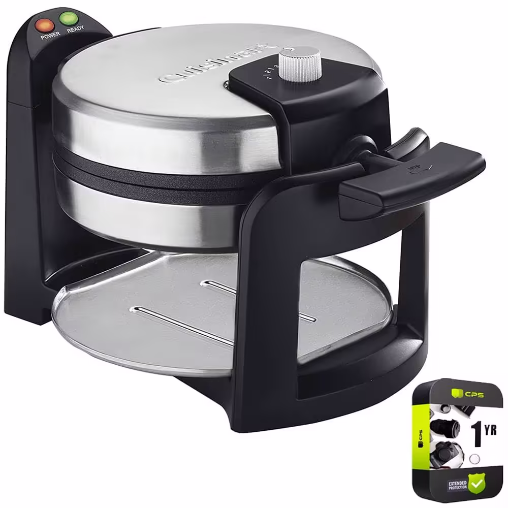 Cuisinart WAF-F30 Round Flip Belgian Waffle Maker Black/Stainless Bundle with 1 Yr CPS Enhanced Protection Pack