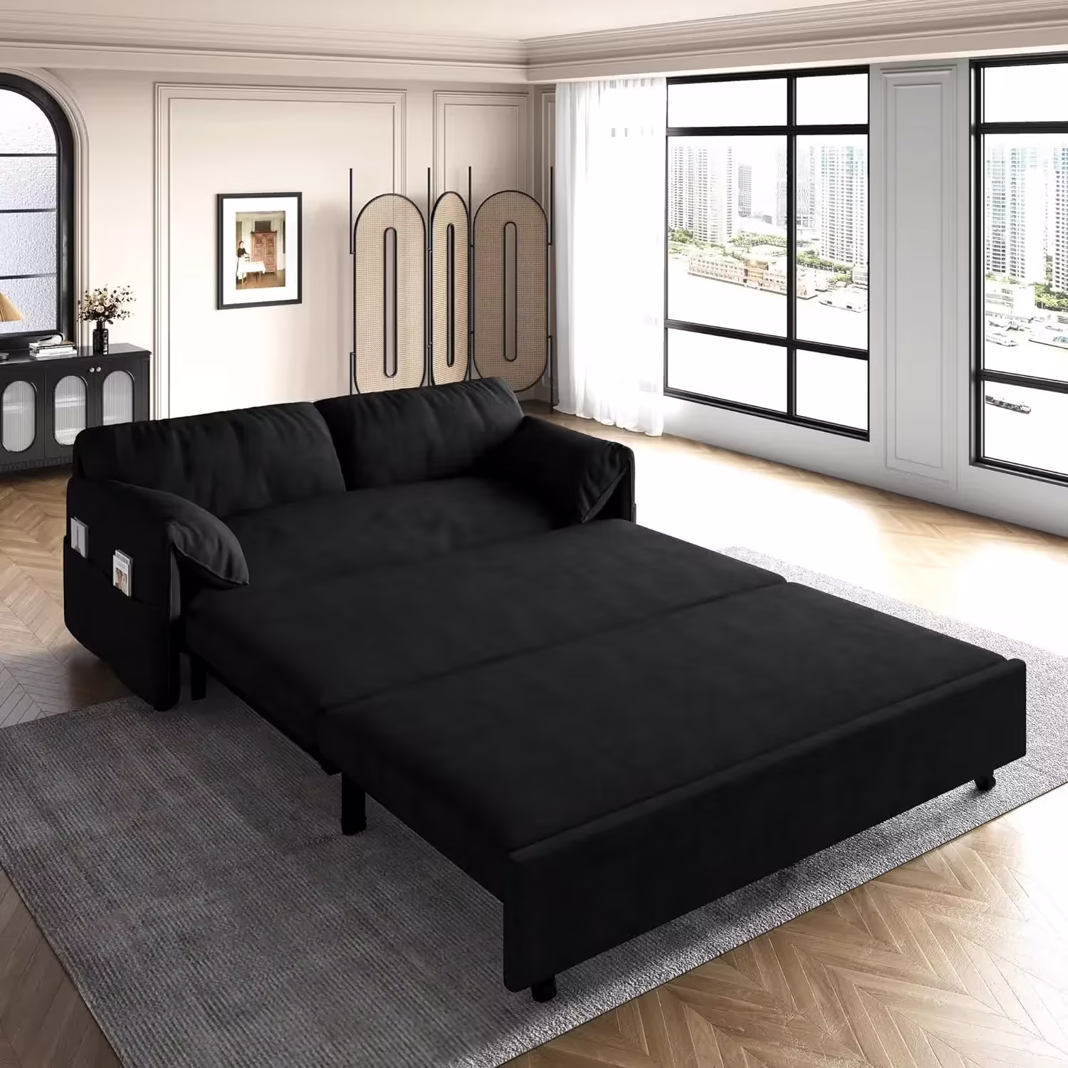 Tabaray 63.8" Futon Sofa Bed Queen Size, Pull Out Bed, 3-in-1 Convertible Sleeper Sofa with Side Pocket, Modern Plush Velvet Futon Couch for Living Room, Small Space, Apartment, Bedroom, Black