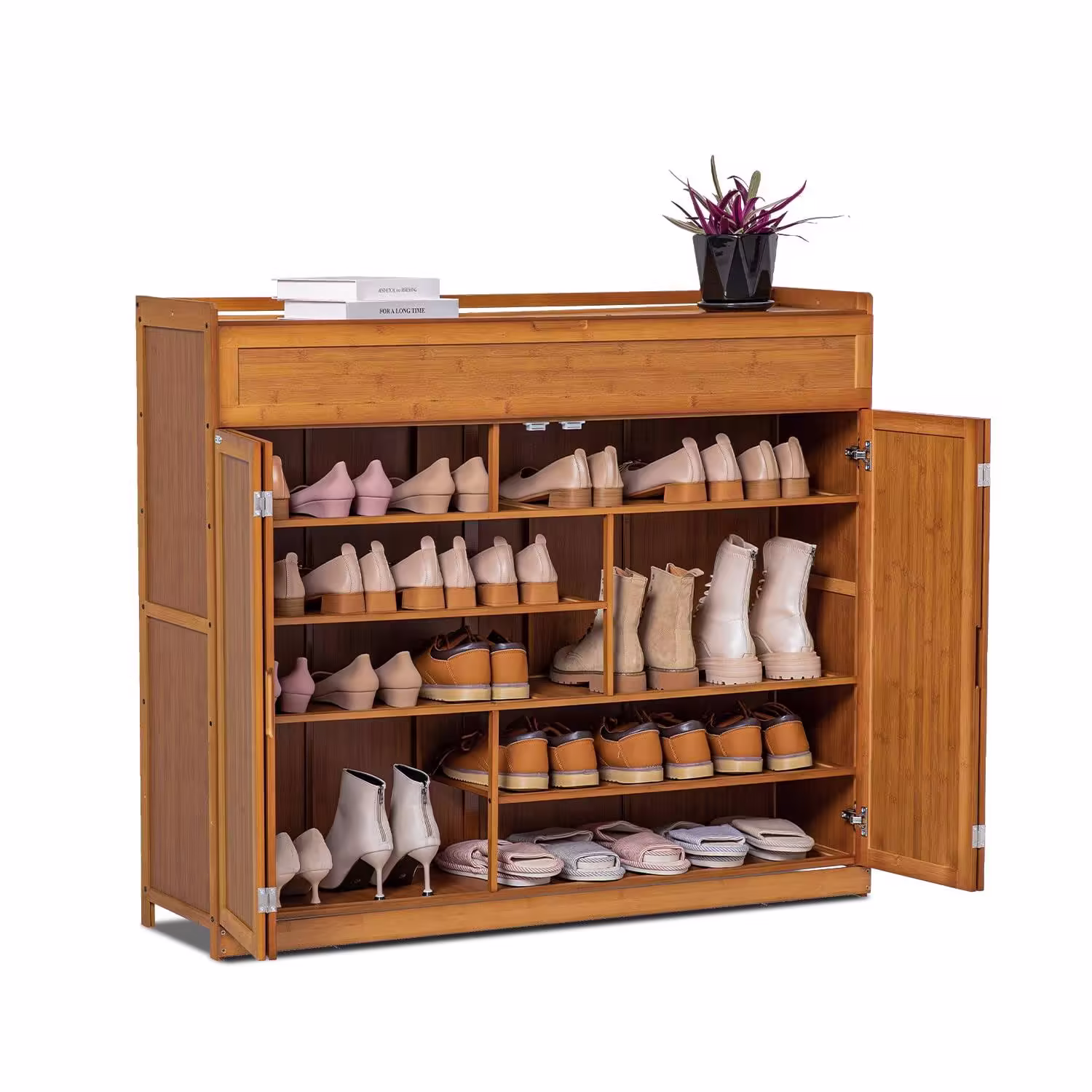 MoNiBloom Bamboo 6 Tier 30 Pairs Shoe Organizer Cabinet with Folding Door Compartment Heels Boots, Brown, for Home, Size: 6 Shelves