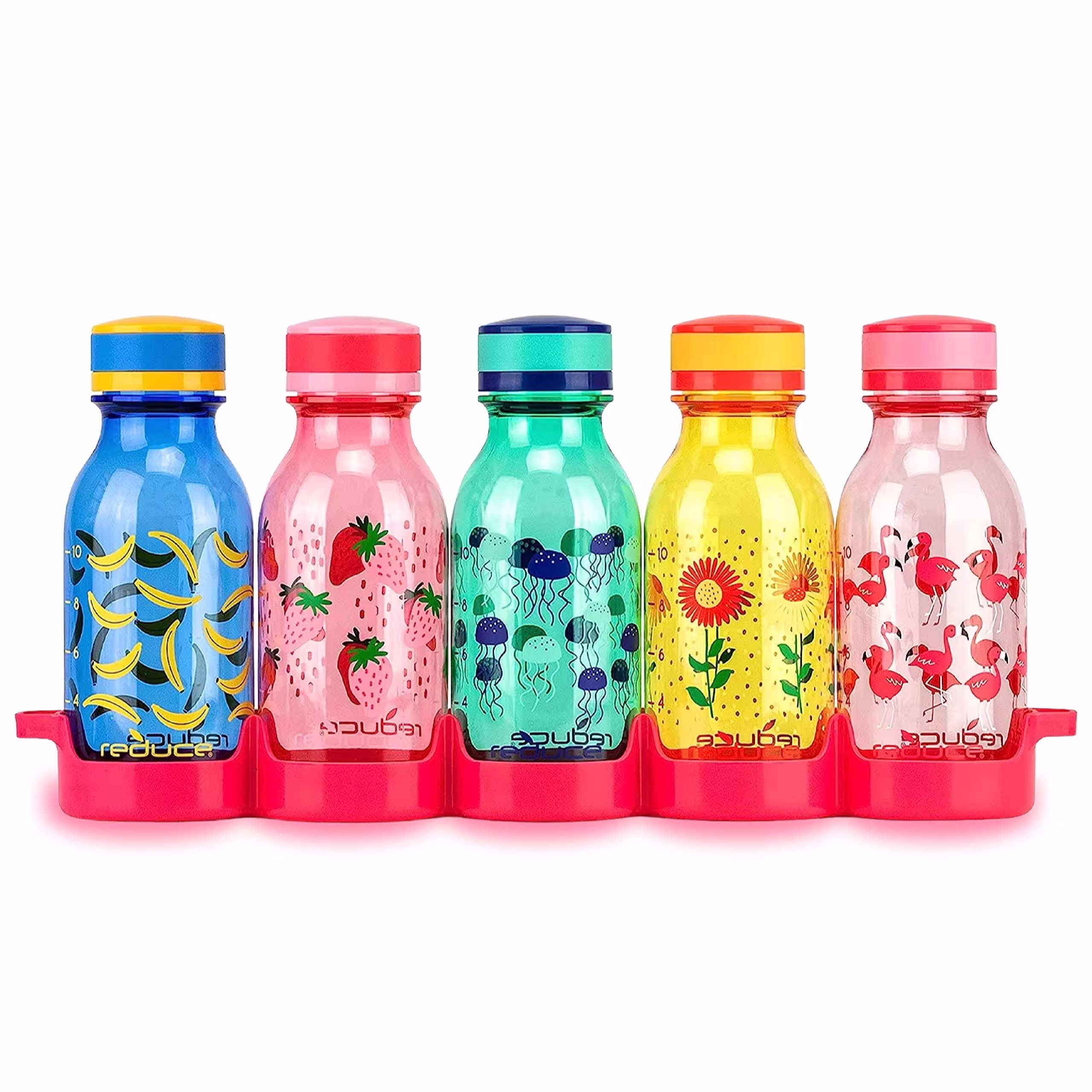 Reduce WaterWeek 14 oz Tritan Reusable Water Bottles - Includes 5 Leak Proof Bottles and Fridge Tray - BPA Free and Dishwasher Safe