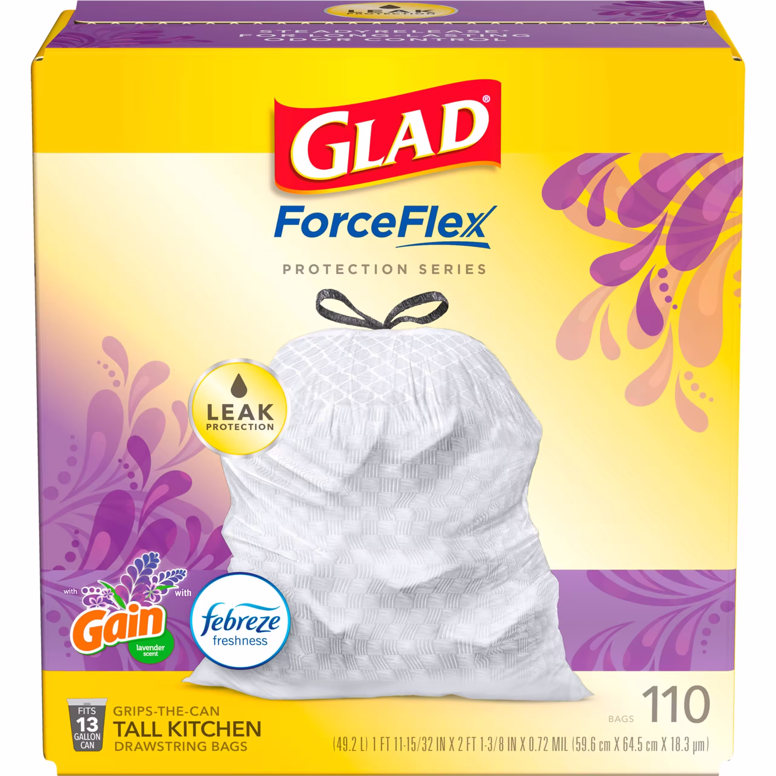 Glad ForceFlex Tall Kitchen Trash Bags, 13 gal, Gain Lavender, 110 ct, Pack May Vary