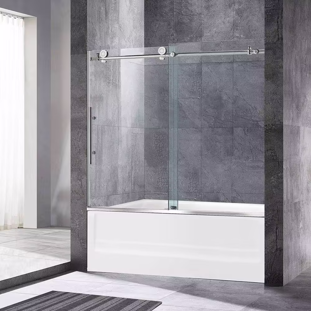 Woodbridge Frameless Sliding Bathtub Door. 56 inch-60 inch Width. 62 inch Height. 3/8 inch (10 mm) Clear Tempered Glass. Chrome Finish. Designed for-Instock