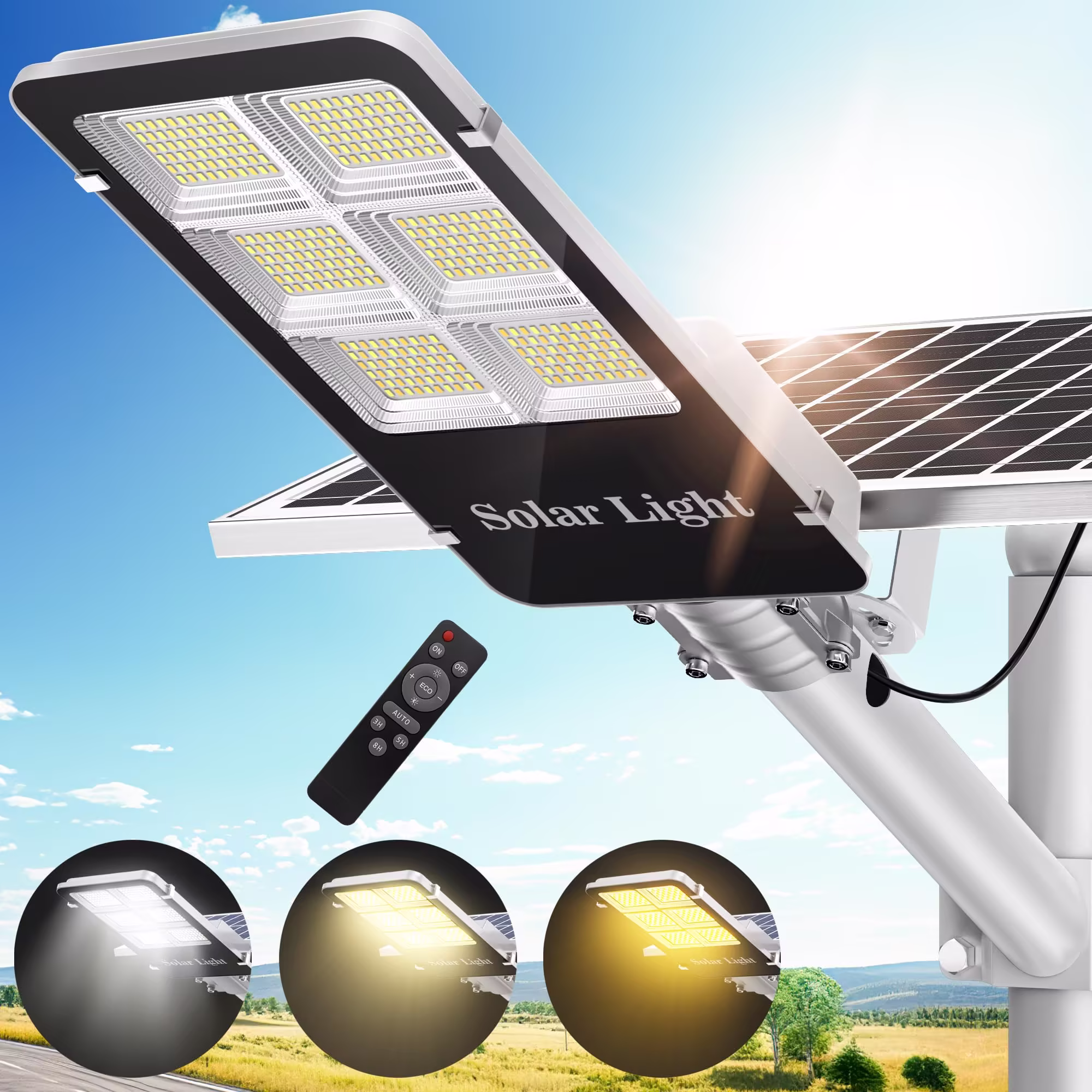 Tri-Color Solar Street Lights Outdoor - 5800W Solar Parking Lot Lights Commercial with 3 Color Temperatures, Solar Street Light Dusk to Dawn Street Lights Solar Powered for Outside Yard Garden