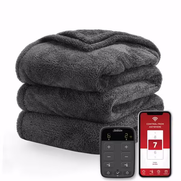 Sunbeam Loftec Wi-Fi Connected Electric Heated Blanket, Slate Gray, King