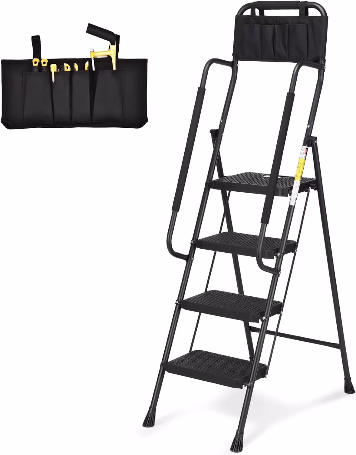 HBTower 4 Step Ladder with Handrails and Tool Bag, Folding Step Stool with Attachable Anti-Slip Wide Pedal, Black