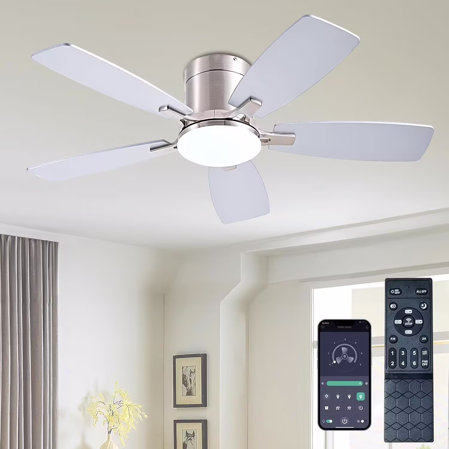 42 Inch Low Profile Ceiling Fans with Lights and Remote, Flush Mount Modern Ceiling Fan, 3 CC T DC Ceiling Fan for Bedroom, Living Room, Brushed Nickel