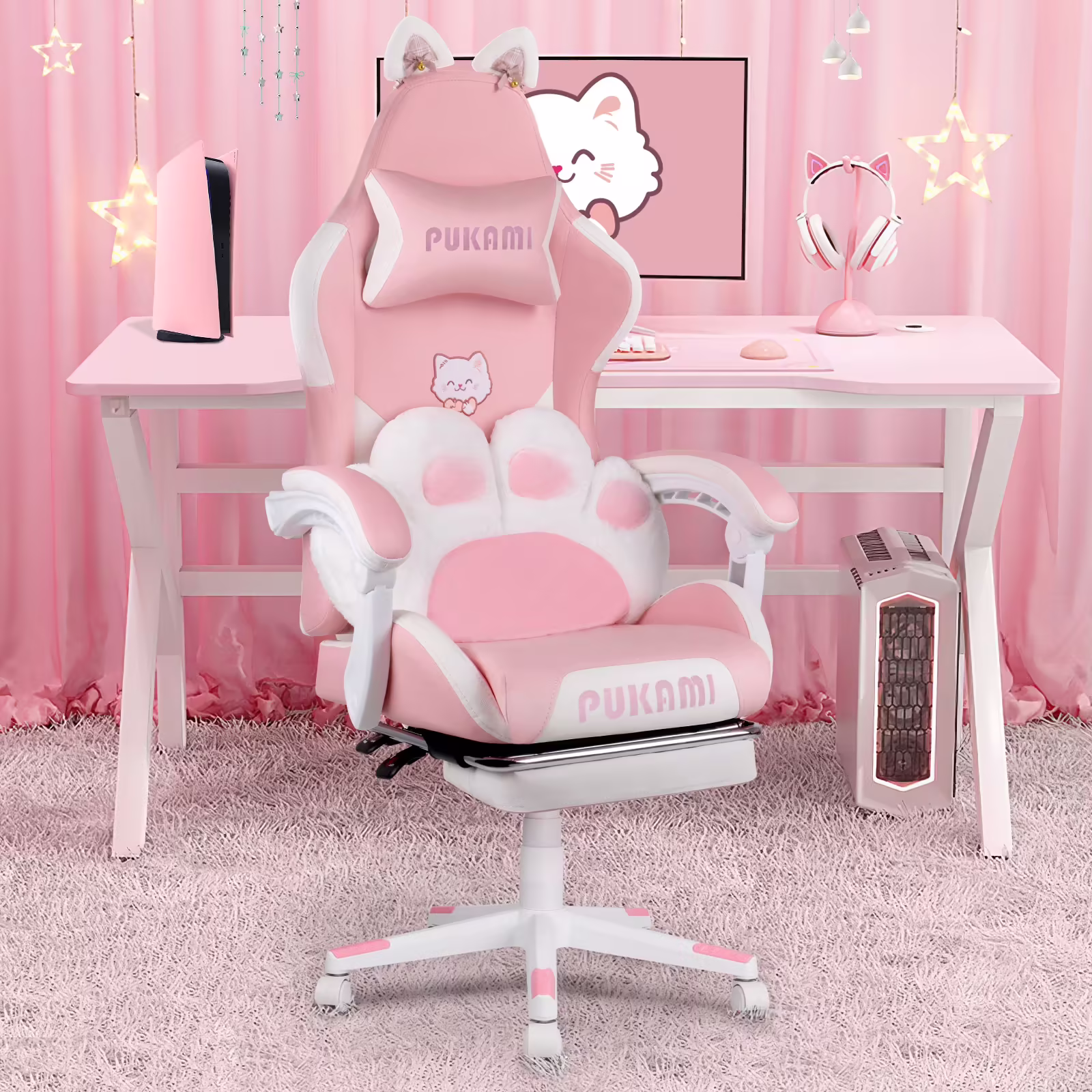 Waleaf Pink Gaming Chair with Cat Paw Lumbar Cushion and Cat Ears for Girls, Reclining Office Computer Chair with Footrest for Adults, Teens