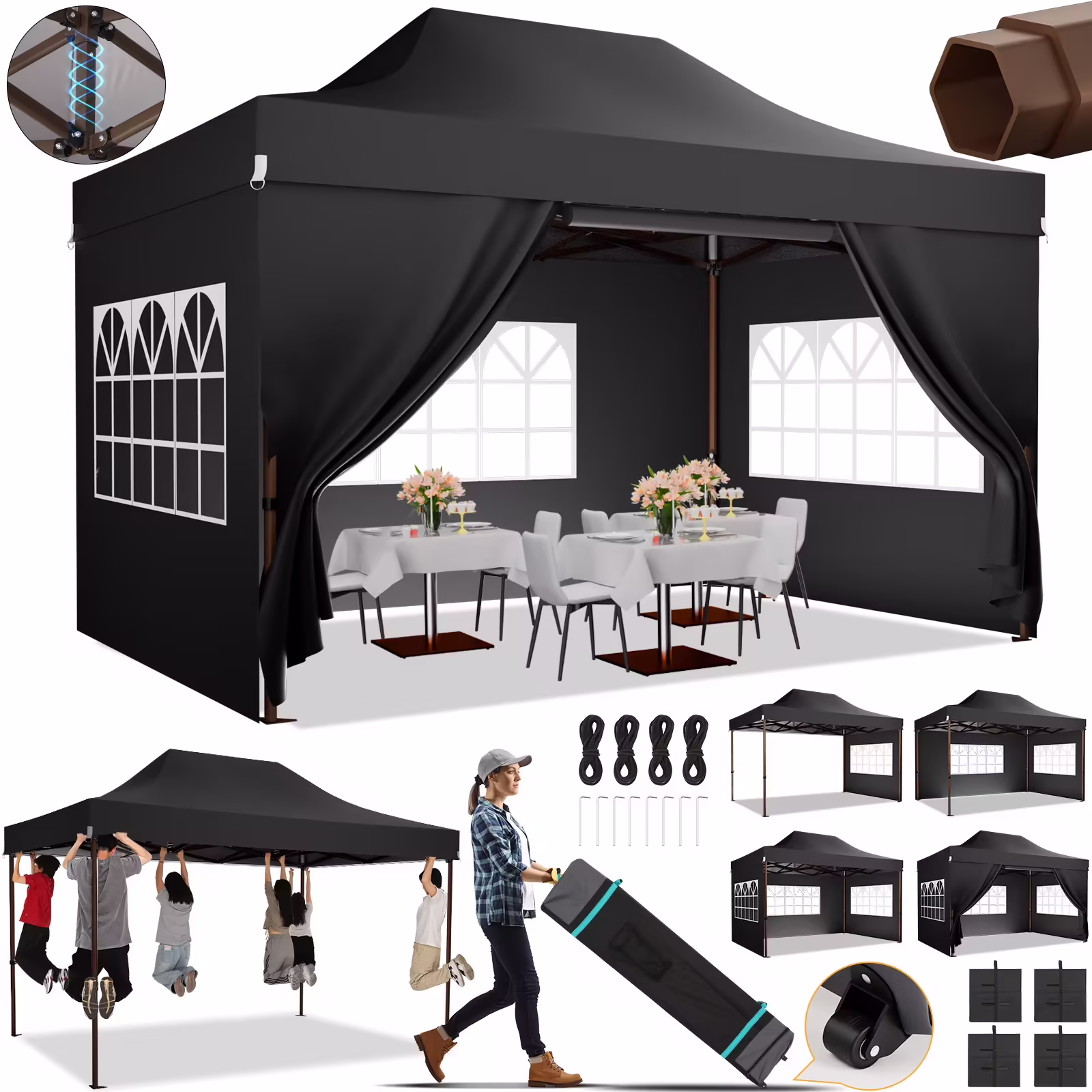COBIZI 10x15 Pop Up Canopy Tent Heavy Duty with Sidewall, Commercial Outdoor Easy Pop Up Gazebo for Party Wedding All Weather Waterproof UV 50+ with Roller Bag(Leg Upgraded),Black