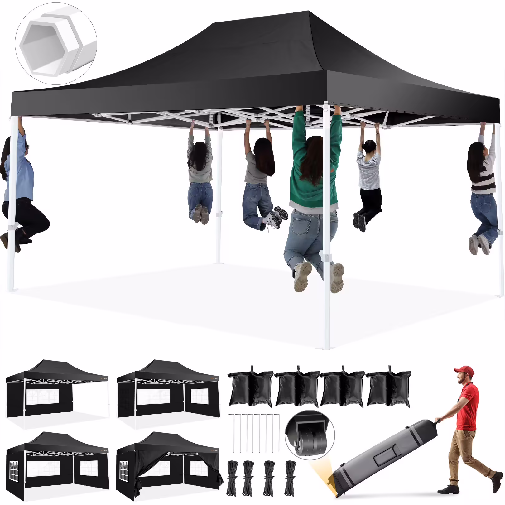 HOTEEL 10x15 Heavy Duty Canopy Tent - Commercial Pop Up with UV50+, Thick Hexagonal Frame, 4 Sidewalls, Anti-Pooling Design & Roller Bag (Black)