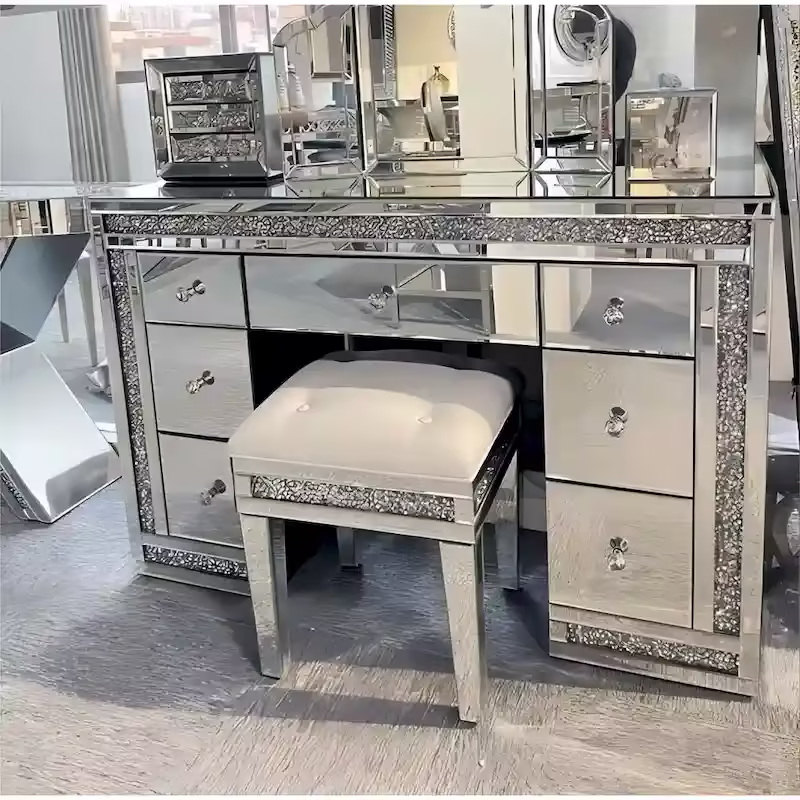 7-Drawer Mirrored Vanity Dressing Makeup Table with Sparkling Diamond
