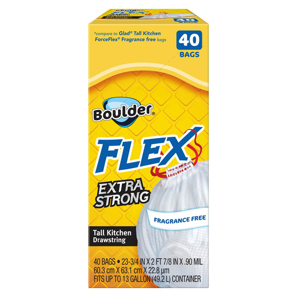 Boulder Fragrance Free Extra Strong Flex Tall Kitchen Drawstring Bags – 40 Count