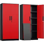 SOLAURA 71" Metal Garage Storage Cabinet with Locking Doors and Adjustable Shelves for Home, Office(Black), Black Red